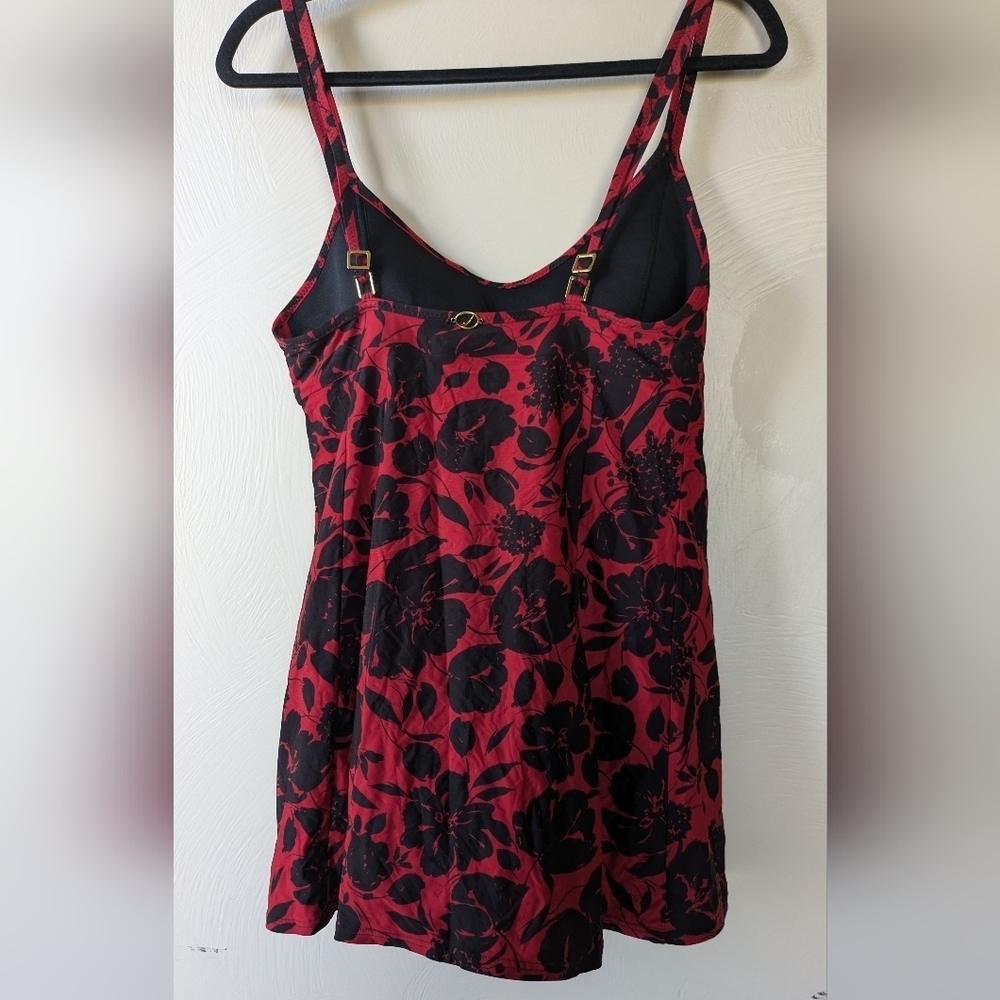 JANTZEN Swim Dress, Red & Black Floral One-Piece, Empire Waist, Size L - Picture 6 of 9